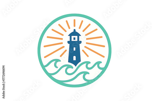 Minimalist lighthouse beacon standing on ocean waves with radiating light beams in a circular frame