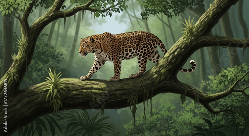 Leopard Striding on a Tree Branch in a Lush Green Forest.