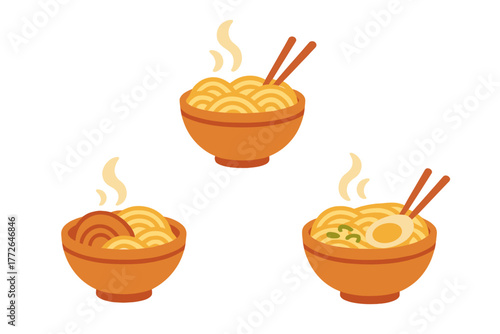 Three steaming bowls of Asian ramen noodles with chopsticks and egg toppings