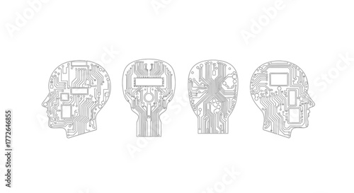 Four digital brains ai technology concept human head circuit board futuristic technology ideas vector