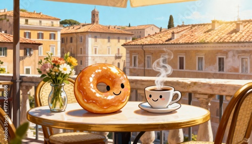 Kawaii Donut and Steaming Coffee Characters on Sunny European Balcony Cafe Overlooking an Italian Cityscape and Terracotta Rooftops
