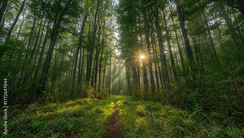 Obraz premium Sunny morning with tall trees and shrubs, a pathway through grass, light filtering through foliage, seasonal change