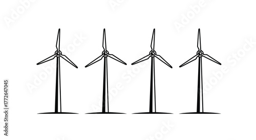 Row of four wind turbines generating renewable energy symbolizing green power technology vector