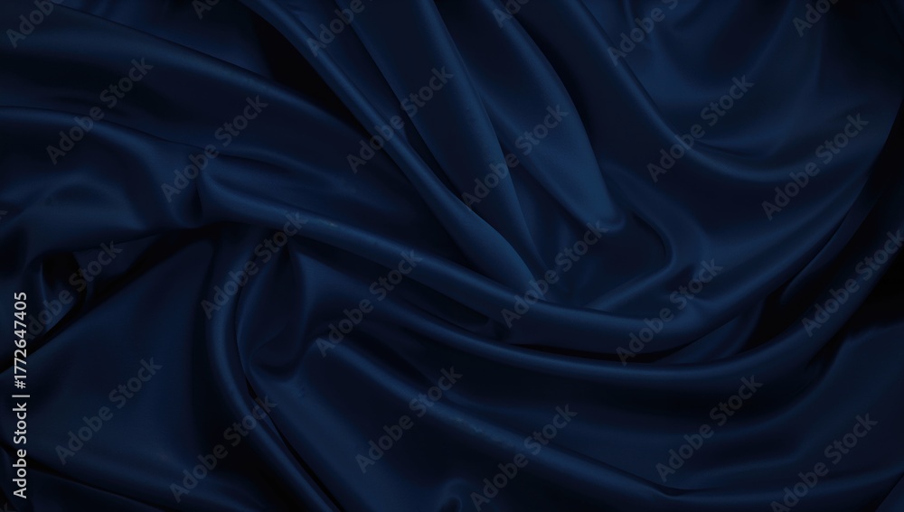 Luxurious navy satin cloth with smooth flowing creases and a radiant, gradient backdrop featuring subtle light streaks and a glossy finish. Design space included in a broad banner format.