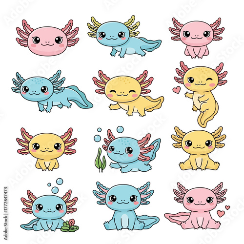 A charming collection of cute kawaii axolotl characters in various poses and colors on a white background.