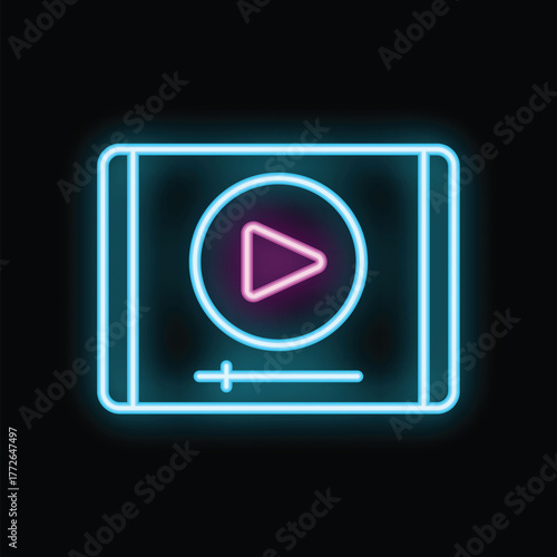 Bright neon video player icon glowing on dark background, concept of online movie, video streaming, multimedia content