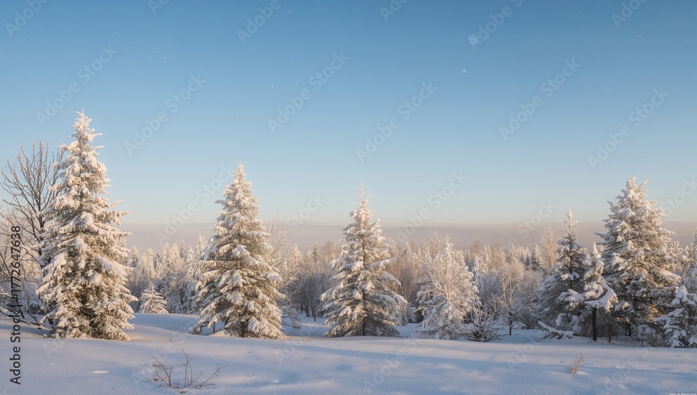 Fototapeta premium Bright winter landscape featuring snow-laden pine trees, seasonal change