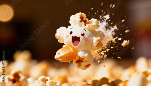 Joyful Popcorn Character Exploding Mid-Air, Holding a Kernel. Dramatic Fun and Snack Food Concept.