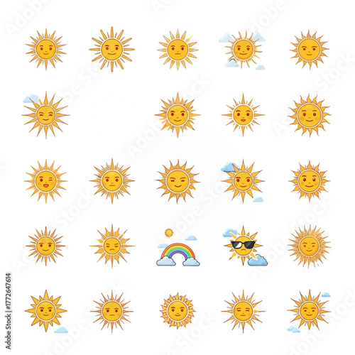 Set of cute cartoon sun character emoticons with various facial expressions.