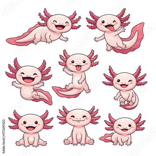 Set of cute cartoon axolotl characters in various happy poses.