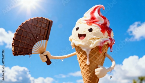 Summer Heat Cheerful Ice Cream Cone Character Melting and Fanning Itself Against the Bright Blue Sky with Sun Flare
