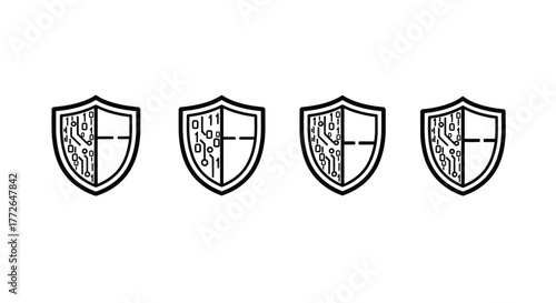 Row of four decorative shields with textured quarters offering protection and security symbolism vector