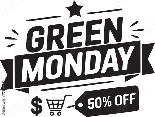 Green Monday Sale Vector Banner Design 50% Off Shopping Promotion Label