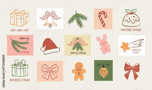 Set of vintage hand-drawn Christmas postage stamps in crayon doodle style:fir branches, ribbons toy, gifts,bows,stars, candy, bell, gingerbread, pudding,Santa’s hat perfect for mail postmark, stickers
