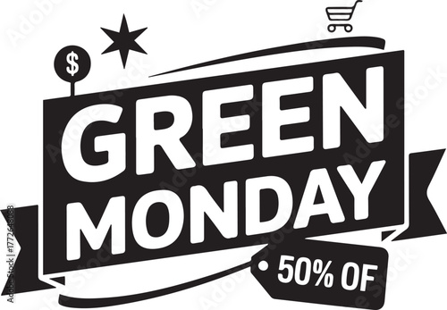Green Monday Sale Vector Banner Design 50% Off Shopping Promotion Label