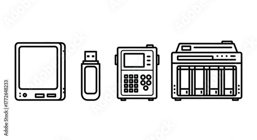 Modern electronic devices set tablet usb drive portable recorder network attached storage line art vector