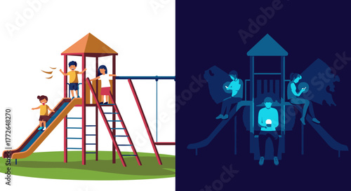 This compelling split image starkly contrasts vibrant children's active outdoor playground fun with the isolating glow of screen addiction at night.