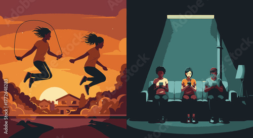 A striking visual narrative contrasting vibrant outdoor physical activity with the sedentary, screen-focused isolation of modern indoor digital life.