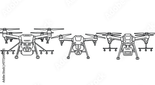 Three modern quadcopter drones in a line ready for aerial photography and videography vector