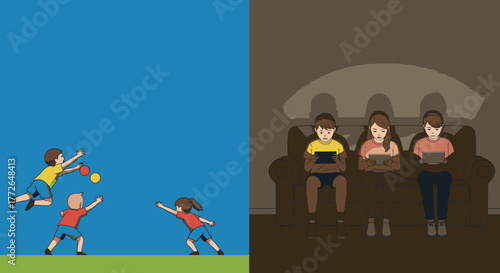 A compelling visual comparison illustrates the stark contrast between active outdoor childhood play and sedentary indoor screen time addiction.