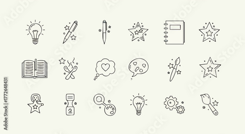 Hand drawn doodle icon set for creativity learning and ideas.