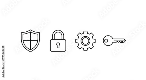 Four hand drawn security icons shield lock gear key set collection concept vector
