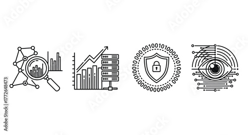 Business analytics cybersecurity data analysis technology and security icons representing growth and protection vector