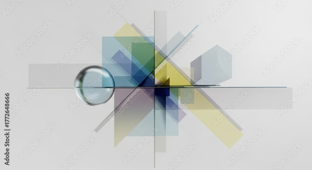 Obraz premium Abstract Geometric Glass Shapes Composition: Translucent Planes, Spheres, Cubes Minimalist Clear Background Design