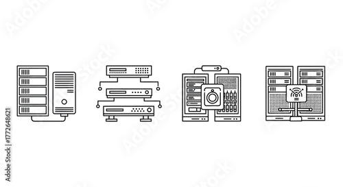 Network server racks computers and electronic devices representing technology and connectivity vector