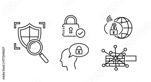 Cybersecurity and data protection icons set for digital security concepts and network protection vector