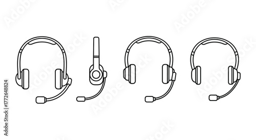 Set of four distinct headset outlines with microphones for communication and gaming use vector