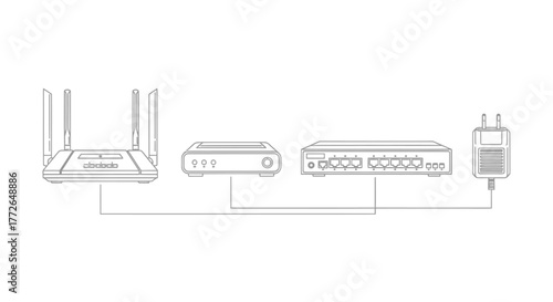 Network setup diagram connecting laptop modem router and power adapter for home office connectivity vector