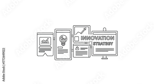 Hand-drawn blueprint sketches showcase innovation strategy development with charts and diagrams vector