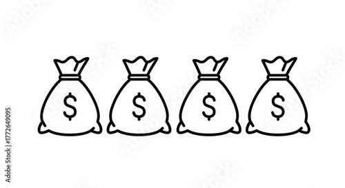 Row of four money bags with dollar signs symbolizing wealth and financial success in a simple line art style vector