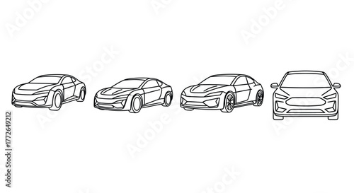 Four contemporary sports cars rendered as sketch drawings in outline form vector