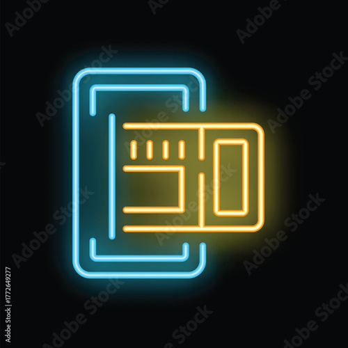 Glowing neon sign representing a mobile phone displaying a boarding pass, symbolizing modern travel solutions and digital ticketing