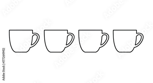 Row of four identical white ceramic coffee cups with handles simple outline design vector
