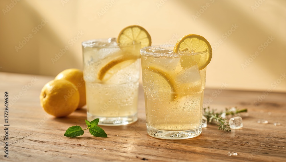 Fototapeta premium Pair of lemonade glasses placed on a wooden table
