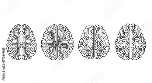 Four futuristic brain circuitry designs representing artificial intelligence and technology vector