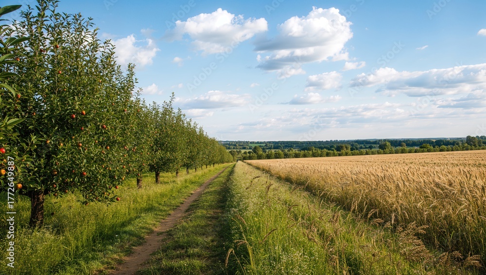 Obraz premium Summer landscape of a field filled with apple-bearing trees