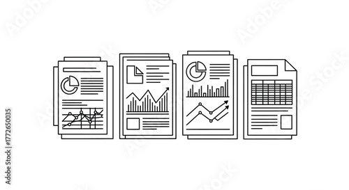 Business data reports and financial charts doodle style hand drawn outline vector