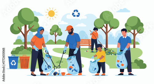 Flat illustration of people cleaning up litter in a city park with bags and tools