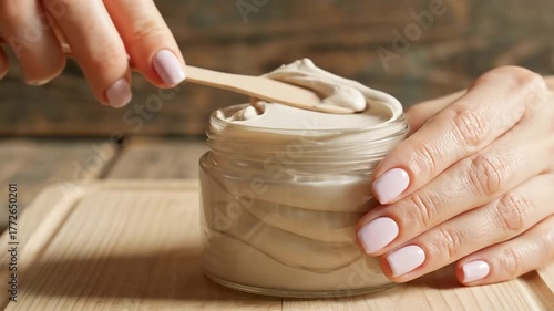 Gentle Side Angle View of Light Natural Homemade Body Butter Filling a Glass Jar