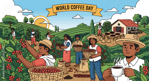 Flat illustration of farmers harvesting coffee cherries in a plantation, celebrating world coffee day