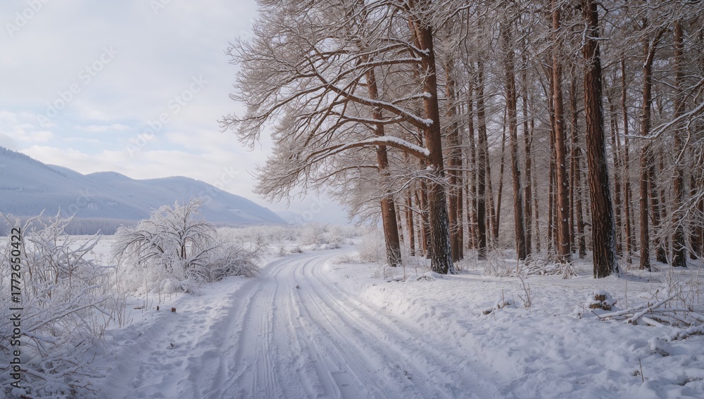 Obraz premium A snowy path surrounded by trees