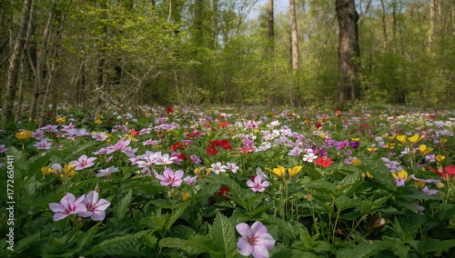 Fototapeta Naklejka Na Ścianę i Meble -  Vibrant blossoms spreading across a woodland meadow