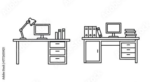 Hand drawn office desks with computers lamps and books workstation setup line art style vector