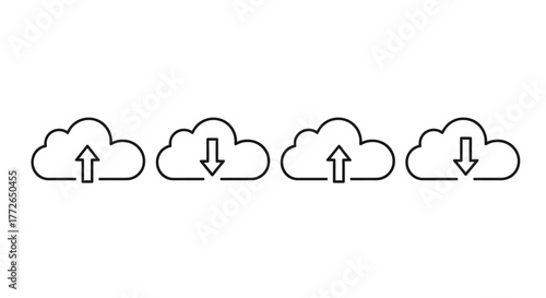 Set of cloud icons with upload and download arrows for data storage and transfer vector