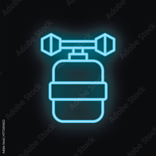 Blue neon sign showing a water cooler with dumbbells on top representing healthy lifestyle and fitness at work