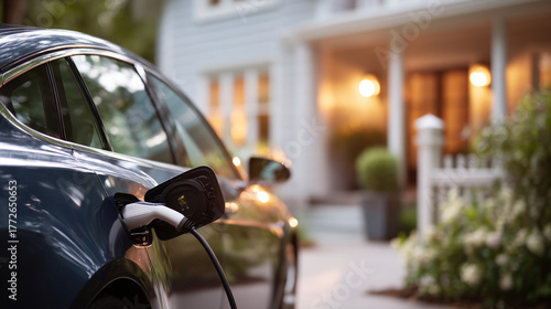 Electric car plugged in outside house residential charging home EV station sustainable transportation domestic charging infrastructure green energy convenient home charging
